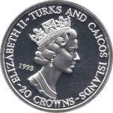 1994 SILVER PROOF 20 CROWNS TURKS AND CAICOS - SILVER WORLD COINS - Cambridgeshire Coins