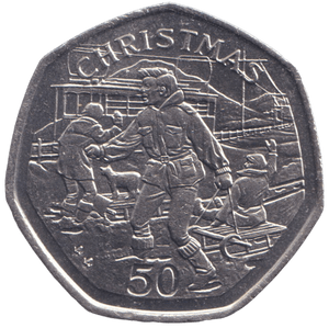 1995 CHRISTMAS 50P SLEDGE ISLE OF MAN ( UNC ) AA - 50P REGIONAL ISSUES - Cambridgeshire Coins