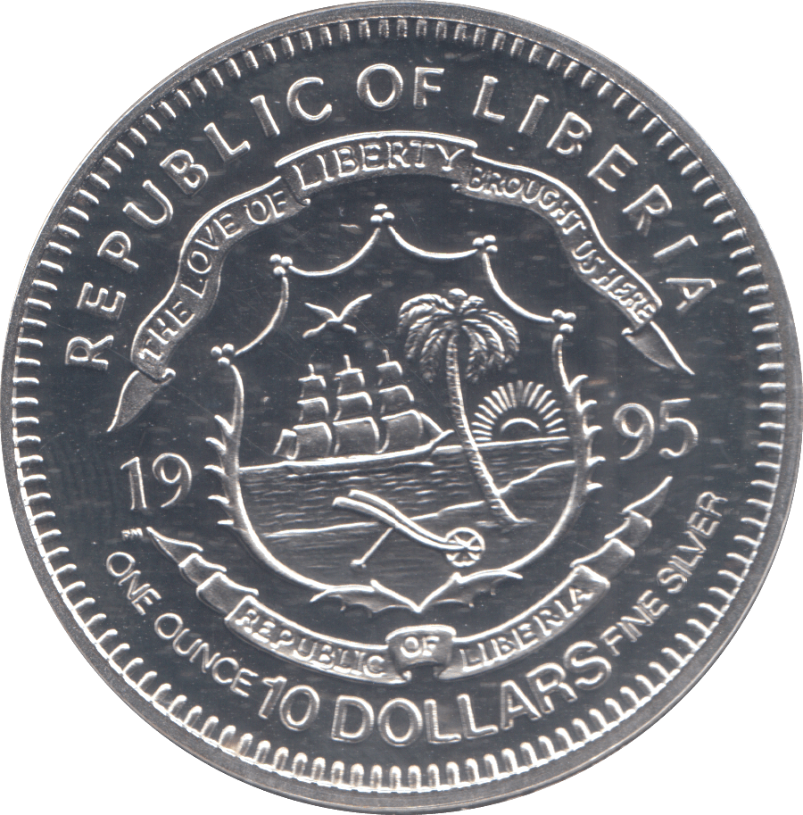 1995 LIBERIA 10 DOLLARS - Silver Proof - Cambridgeshire Coins