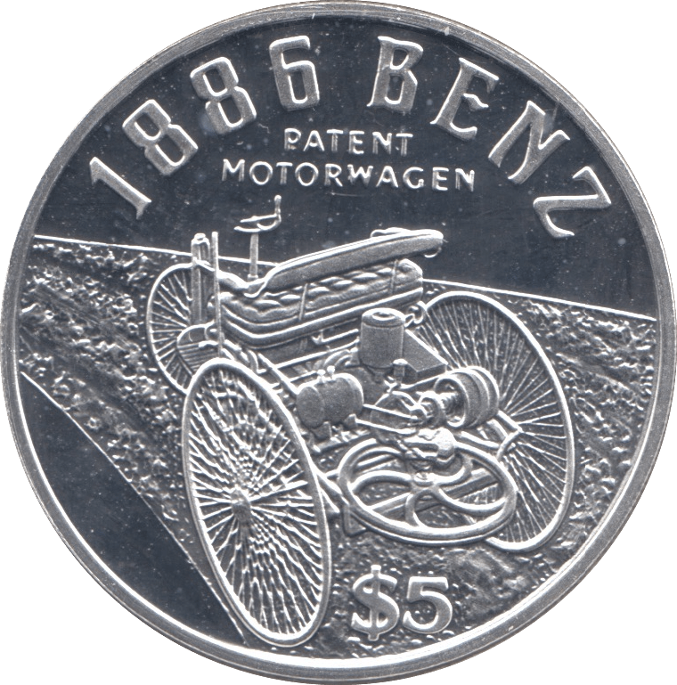 1995 SILVER PROOF 1886 BENZ FIVE DOLLARS COIN .925 LIBERIA - SILVER WORLD COINS - Cambridgeshire Coins