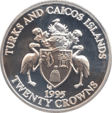 1995 SILVER PROOF 20 CROWNS TURKS AND CAICOS - SILVER WORLD COINS - Cambridgeshire Coins