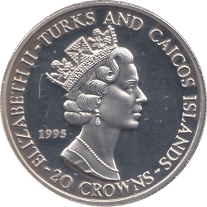 1995 SILVER PROOF 20 CROWNS TURKS AND CAICOS - SILVER WORLD COINS - Cambridgeshire Coins