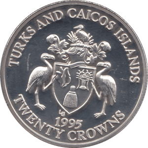 1995 SILVER PROOF 20 CROWNS TURKS AND CAICOS - SILVER WORLD COINS - Cambridgeshire Coins