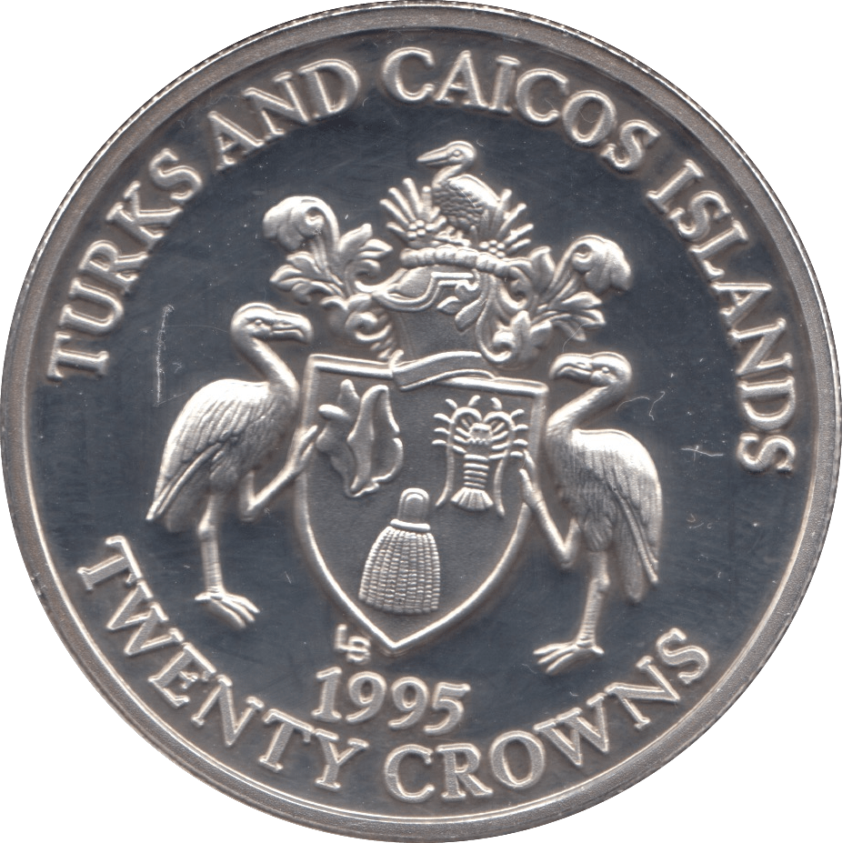 1995 SILVER PROOF 20 CROWNS TURKS AND CAICOS - SILVER WORLD COINS - Cambridgeshire Coins