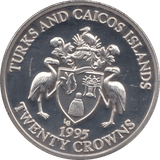 1995 SILVER PROOF 20 CROWNS TURKS AND CAICOS - SILVER WORLD COINS - Cambridgeshire Coins