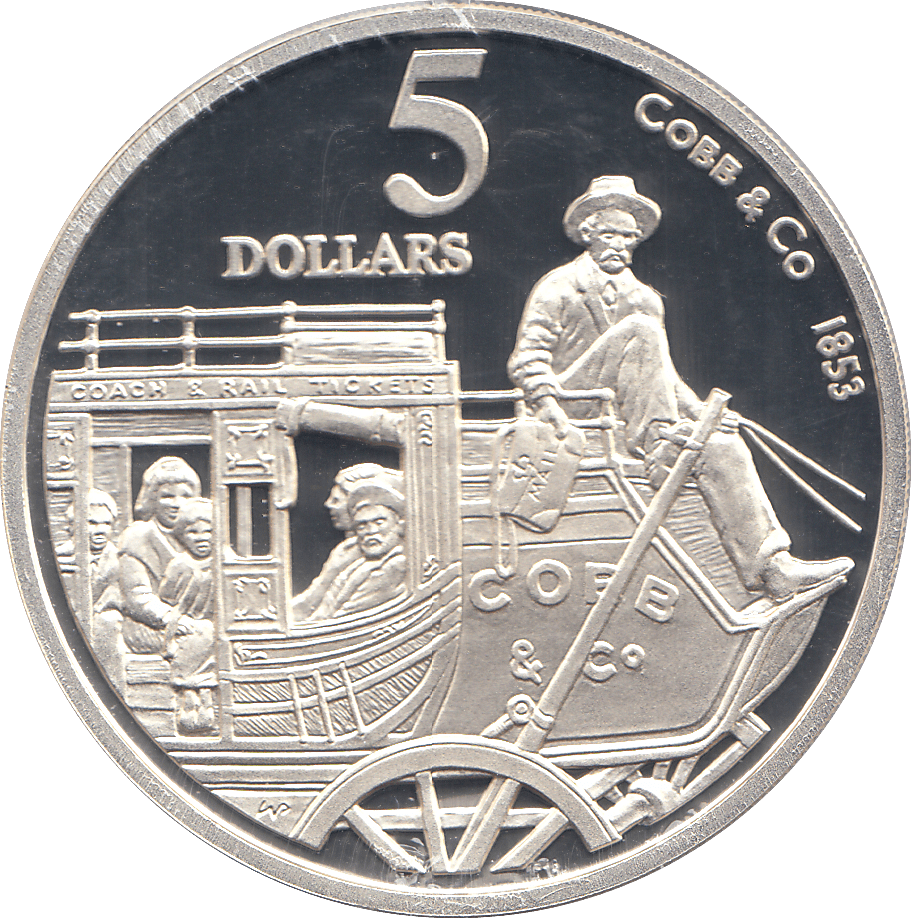 1995 SILVER PROOF FIVE DOLLARS AUSTRALIA COBB & CO - SILVER WORLD COINS - Cambridgeshire Coins