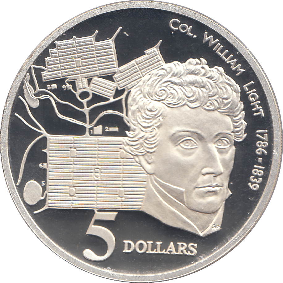 1995 SILVER PROOF FIVE DOLLARS AUSTRALIA COL. WILLIAM LIGHT - SILVER WORLD COINS - Cambridgeshire Coins