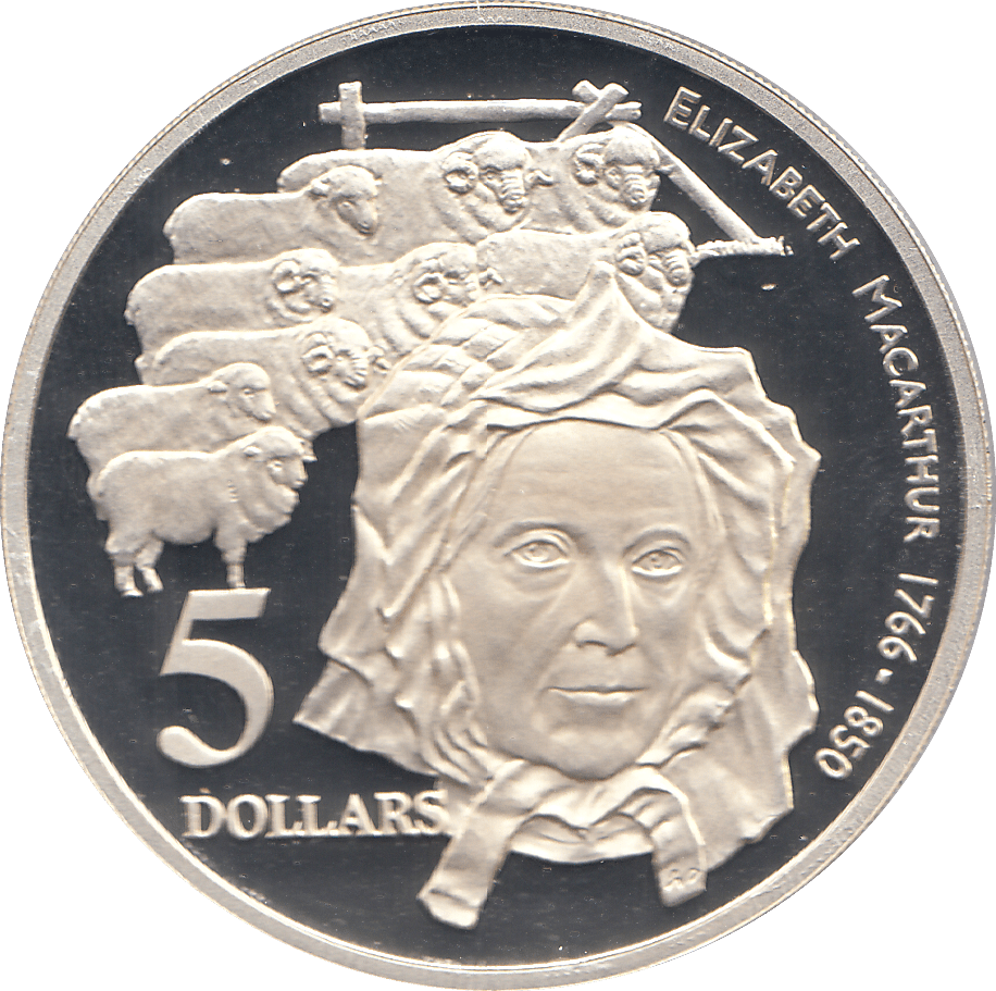 1995 SILVER PROOF FIVE DOLLARS AUSTRALIA ELIZABETH MACARTHUR - SILVER WORLD COINS - Cambridgeshire Coins