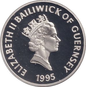 1995 SILVER PROOF FIVE POUNDS BAILIWICK OF GUERNSEY - SILVER WORLD COINS - Cambridgeshire Coins