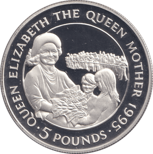 1995 SILVER PROOF FIVE POUNDS THE QUEEN MOTHER - SILVER WORLD COINS - Cambridgeshire Coins