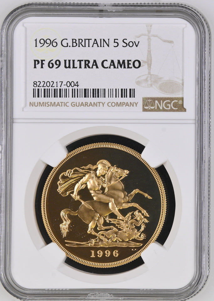1996 GOLD FIVE POUND SOVEREIGN PF 69 ULTRA CAMEO - NGC GOLD COINS - Cambridgeshire Coins