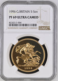 1996 GOLD FIVE POUND SOVEREIGN PF 69 ULTRA CAMEO - NGC GOLD COINS - Cambridgeshire Coins