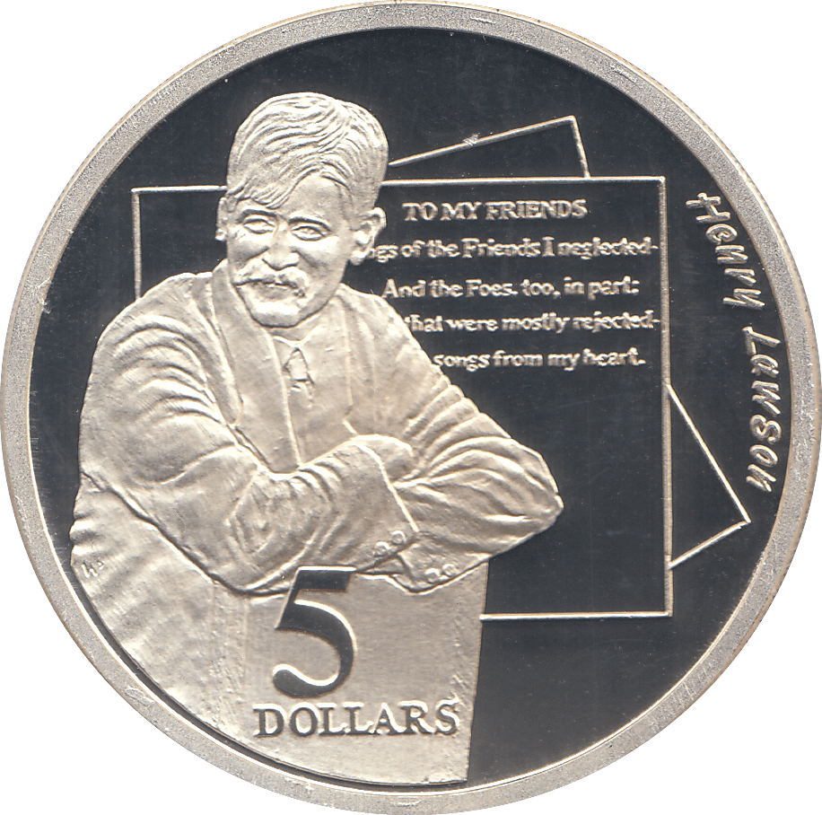 1996 SILVER PROOF FIVE DOLLARS AUSTRALIA HENRY LAWSON - SILVER WORLD COINS - Cambridgeshire Coins