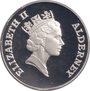 1996 SILVER PROOF FIVE POUNDS ALDERNEY - SILVER WORLD COINS - Cambridgeshire Coins