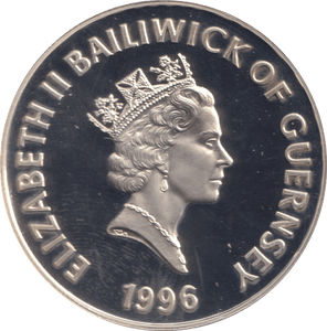 1996 SILVER PROOF FIVE POUNDS GUERNSEY - SILVER WORLD COINS - Cambridgeshire Coins
