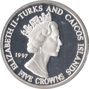 1997 .999 SILVER PROOF FIVE CROWNS TURKS AND CAICOS - SILVER WORLD COINS - Cambridgeshire Coins