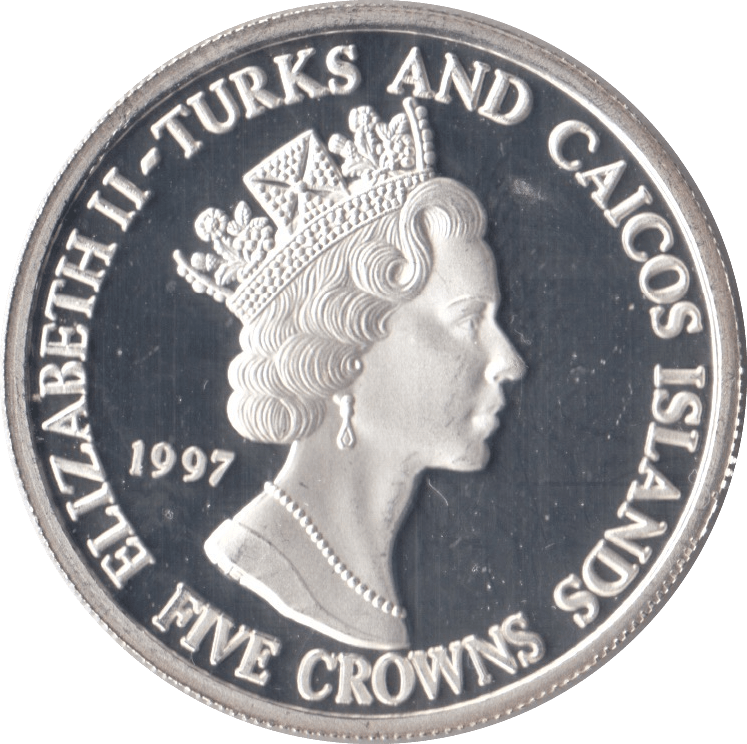 1997 .999 SILVER PROOF FIVE CROWNS TURKS AND CAICOS - SILVER WORLD COINS - Cambridgeshire Coins