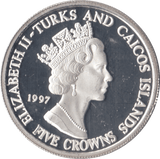 1997 .999 SILVER PROOF FIVE CROWNS TURKS AND CAICOS - SILVER WORLD COINS - Cambridgeshire Coins