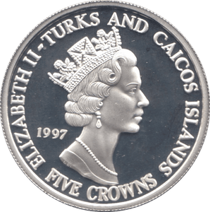 1997 .999 SILVER PROOF FIVE CROWNS TURKS AND CAICOS - SILVER WORLD COINS - Cambridgeshire Coins
