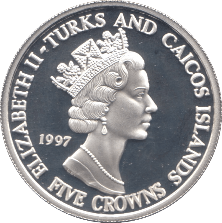 1997 .999 SILVER PROOF FIVE CROWNS TURKS AND CAICOS - SILVER WORLD COINS - Cambridgeshire Coins