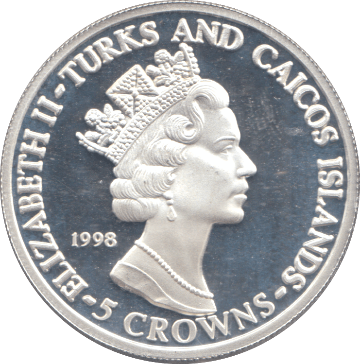 1997 SILVER PROOF 5 CROWNS TURKS AND CAICOS - SILVER WORLD COINS - Cambridgeshire Coins