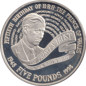1998 FIVE POUNDS SILVER PROOF CHARLES 50TH BIRTHDAY - SILVER WORLD COINS - Cambridgeshire Coins