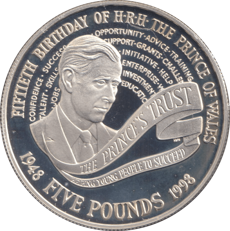1998 FIVE POUNDS SILVER PROOF CHARLES 50TH BIRTHDAY - SILVER WORLD COINS - Cambridgeshire Coins