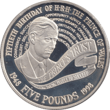 1998 FIVE POUNDS SILVER PROOF CHARLES 50TH BIRTHDAY - SILVER WORLD COINS - Cambridgeshire Coins