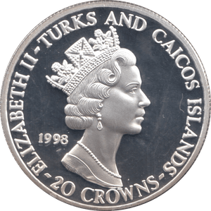 1998 SILVER PROOF 80th ANNIVERSARY RAF TWENTY CROWNS TURKS AND CAICOS - SILVER WORLD COINS - Cambridgeshire Coins