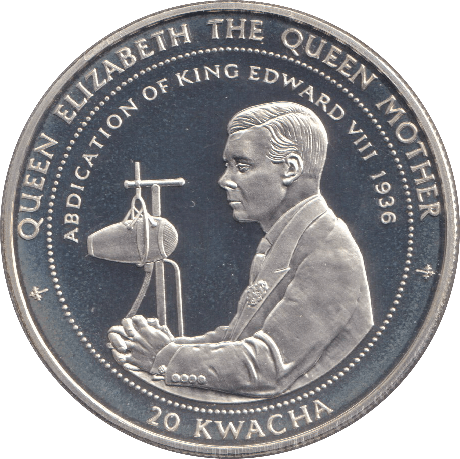 1998 SILVER PROOF TWENTY KWACHA ABDICATION OF KING EDWARD - SILVER WORLD COINS - Cambridgeshire Coins