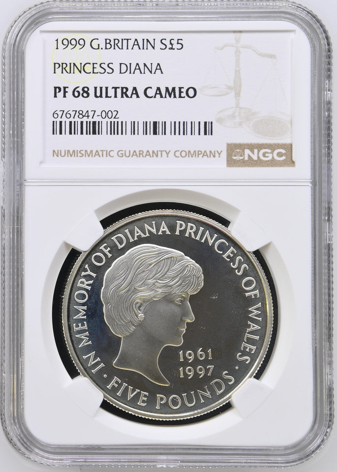 1999 PRINCESS DIANA SILVER PROOF £5 PF 68 ULTRA CAMEO NGC - NGC SILVER COINS - Cambridgeshire Coins