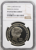 1999 £5 SILVER PROOF TWO OUNCE PRINCESS DIANA PF 69 ULTRA CAMEO - NGC SILVER COINS - Cambridgeshire Coins
