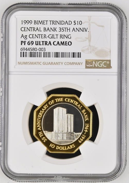 1999 TRINIDAD AND TOBAGO $10 CENTRAL BANK 35TH ANNIVERSARY ( NGC ) PF69 ULTRA CAMEO - NGC SILVER COINS - Cambridgeshire Coins