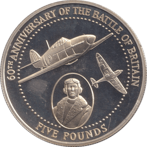 2000 SILVER PROOF FIVE POUNDS 60TH ANNIVERSARY OF THE BATTLE OF BRITAIN ALDERNEY - SILVER WORLD COINS - Cambridgeshire Coins