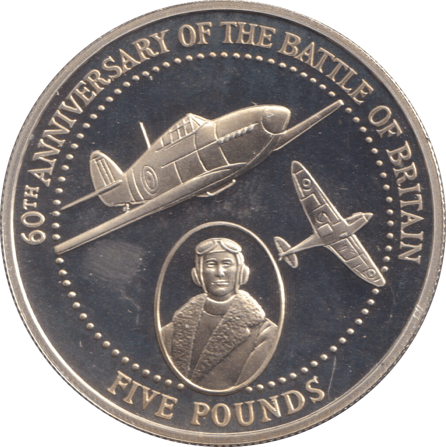 2000 SILVER PROOF FIVE POUNDS 60TH ANNIVERSARY OF THE BATTLE OF BRITAIN ALDERNEY - SILVER WORLD COINS - Cambridgeshire Coins