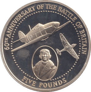 2000 SILVER PROOF FIVE POUNDS 60TH ANNIVERSARY OF THE BATTLE OF BRITAIN ALDERNEY - SILVER WORLD COINS - Cambridgeshire Coins