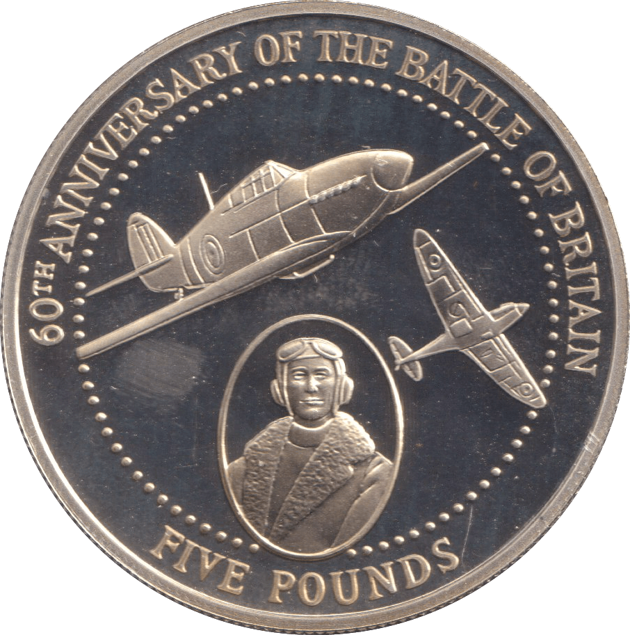 2000 SILVER PROOF FIVE POUNDS 60TH ANNIVERSARY OF THE BATTLE OF BRITAIN ALDERNEY - SILVER WORLD COINS - Cambridgeshire Coins