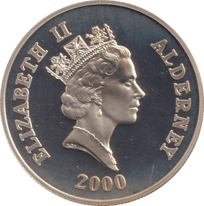 2000 SILVER PROOF FIVE POUNDS 60TH ANNIVERSARY OF THE BATTLE OF BRITAIN ALDERNEY - SILVER WORLD COINS - Cambridgeshire Coins
