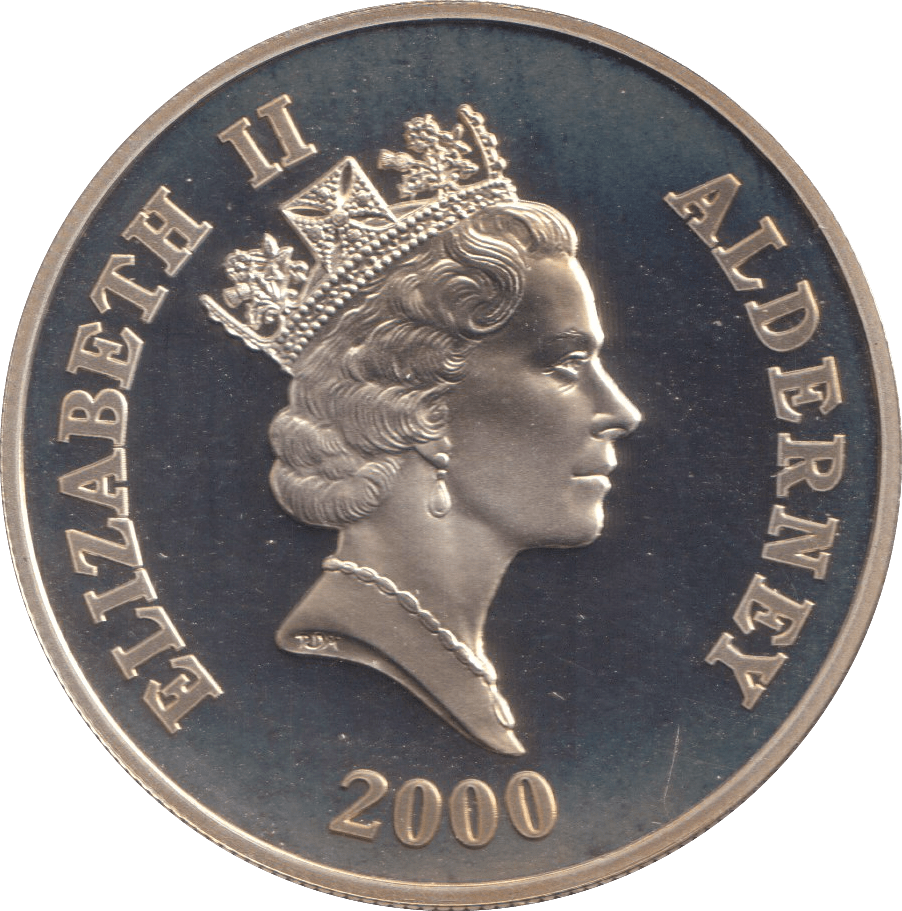 2000 SILVER PROOF FIVE POUNDS 60TH ANNIVERSARY OF THE BATTLE OF BRITAIN ALDERNEY - SILVER WORLD COINS - Cambridgeshire Coins