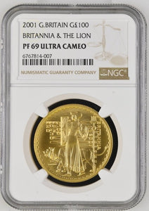2001 £100 GOLD 1OZ BRITANNIA & THE LION ( NGC ) PF 69 ULTRA CAMEO - NGC GOLD COINS - Cambridgeshire Coins