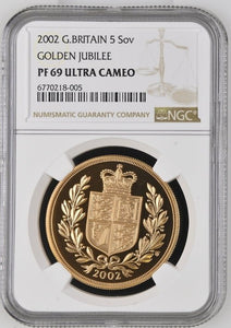 2002 GOLD 5 SOVEREIGNS GOLDEN JUBILEE ( NGC ) PF 69 ULTRA CAMEO - NGC GOLD COINS - Cambridgeshire Coins