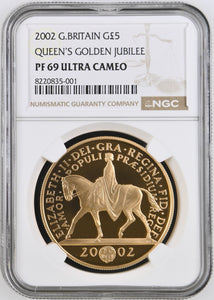 2002 GOLD FIVE POUND QUEEN'S GOLDEN JUBILEE PF 69 ULTRA CAMEO - NGC GOLD £5 - Cambridgeshire Coins