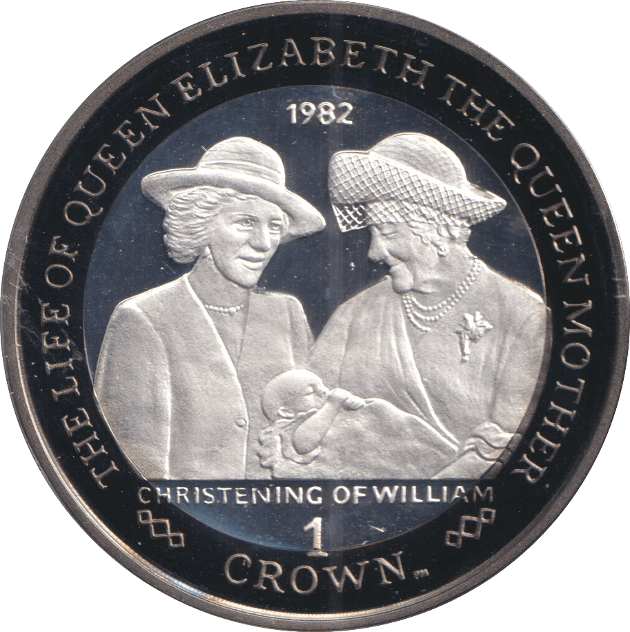 2002 SILVER ONE CROWN ISLE OF MAN QUEEN MOTHER CHRISTENING OF WILLIAM - SILVER WORLD COINS - Cambridgeshire Coins