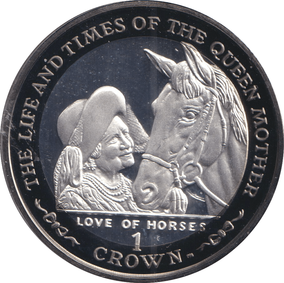 2002 SILVER ONE CROWN ISLE OF MAN QUEEN MOTHER LOVE OF HORSES - SILVER WORLD COINS - Cambridgeshire Coins