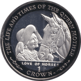2002 SILVER ONE CROWN ISLE OF MAN QUEEN MOTHER LOVE OF HORSES - SILVER WORLD COINS - Cambridgeshire Coins