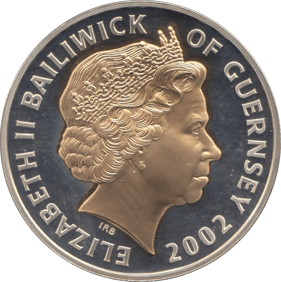 2002 SILVER PROOF FIVE POUNDS GUERNSEY - SILVER WORLD COINS - Cambridgeshire Coins