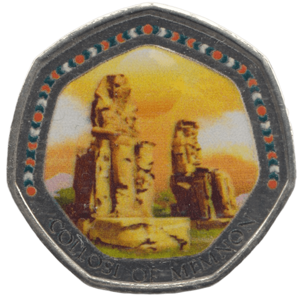 2003 50P SHAPED MEDALLION COLLOSI OF MEMNON FINDS THE STEP DISCOVERIES OF EGYPT - 50P SHAPED COIN - Cambridgeshire Coins
