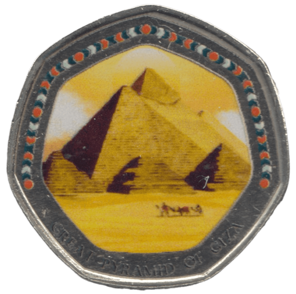 2003 50P SHAPED MEDALLION GREAT PYRAMID OF GIZA DISCOVERIES OF EGYPT - 50P SHAPED COIN - Cambridgeshire Coins