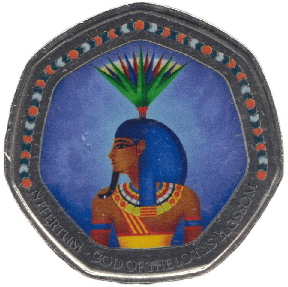 2003 50P SHAPED MEDALLION NEFERTUM - GOD OF THE LOTUS BLOSOM DISCOVERIES OF EGYPT - 50P SHAPED COIN - Cambridgeshire Coins