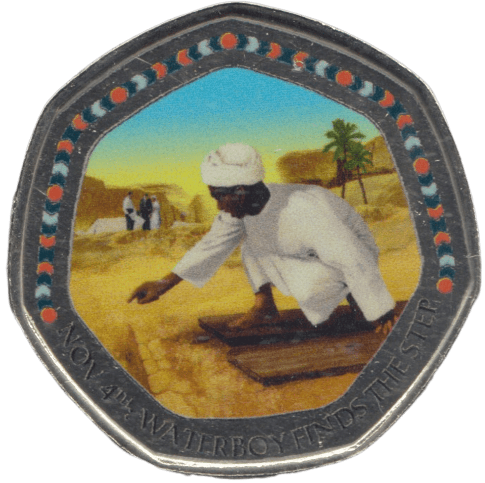 2003 50P SHAPED MEDALLION NOV 4TH: WATERBOY FINDS THE STEP DISCOVERIES OF EGYPT - 50P SHAPED COIN - Cambridgeshire Coins
